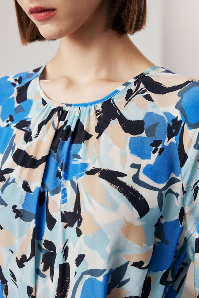 100 Mulberry Silk Abstract Print Balloon-Sleeve Midi Dress  Fibflx