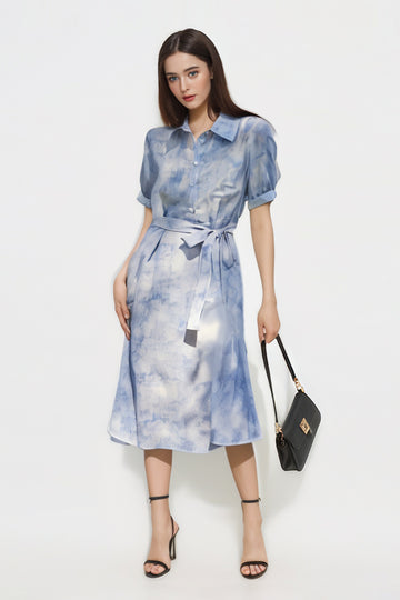 100 Mulberry Silk Blue Tie Dye Shirt Midi Dress - Fibflx