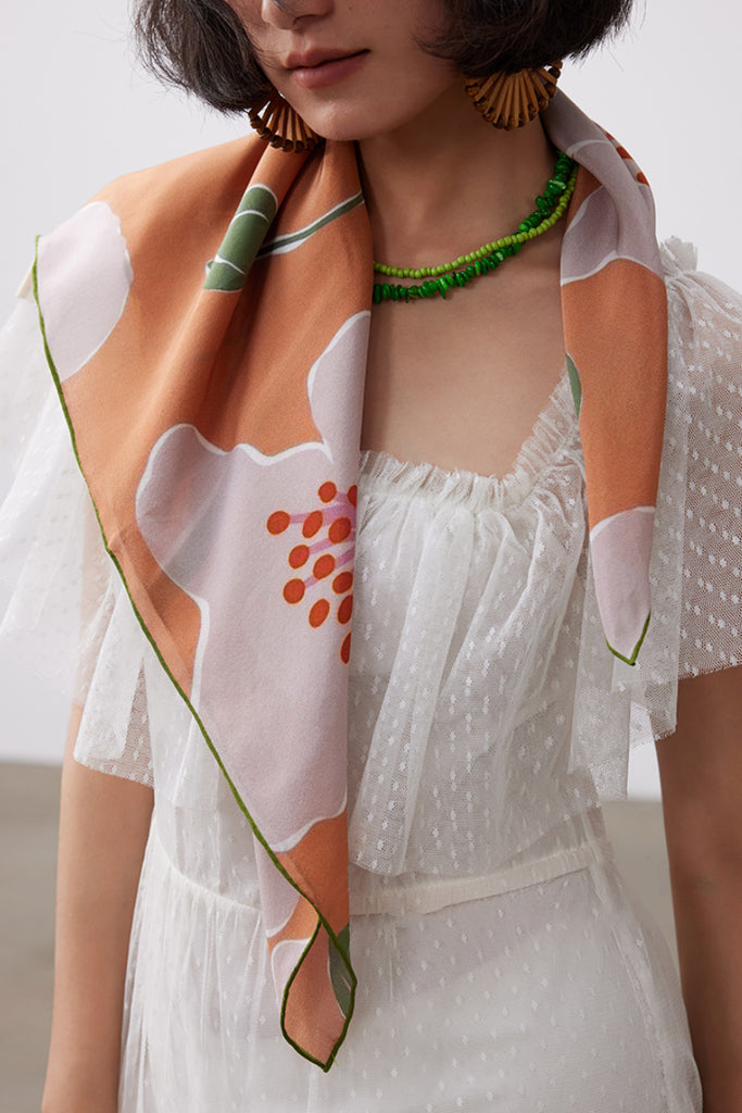 100 Mulberry Silk Designer Floral Square Scarf in Dusty Orange  Fibflx