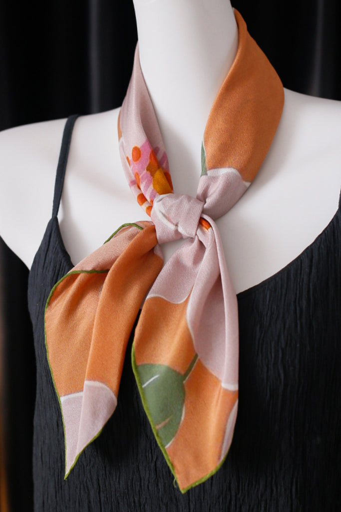 100 Mulberry Silk Designer Floral Square Scarf in Dusty Orange  Fibflx