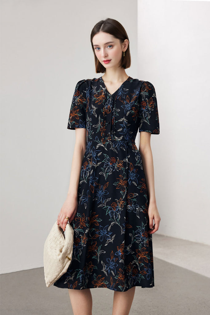 Fibflx Women's 100 Mulberry Silk Floral A-Line Short-Sleeve V-Neck Midi Dress