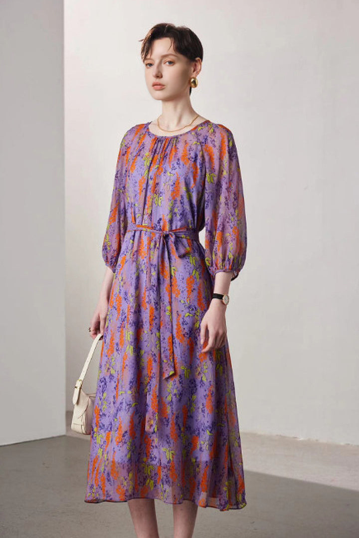 100 Mulberry Silk Floral Balloon-Sleeve Tie-Waist Midi Dress with Camisole Slip  Fibflx