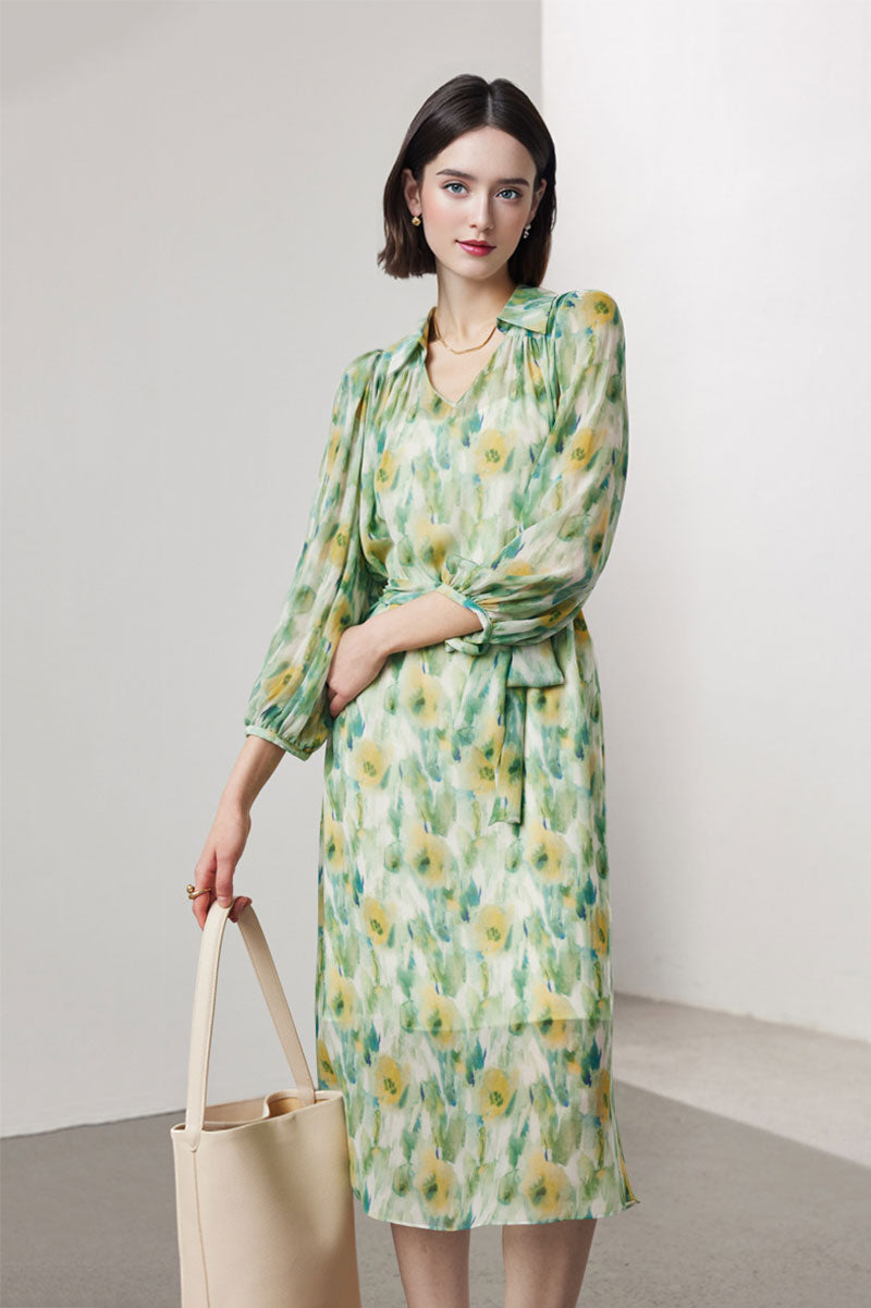 silk floral midi dress 100 Mulberry Balloon-Sleeve V-Neck Collared M / Matcha Green / 100% Mulberry Silk featuring a delicate floral Color:Regency #Rhinestone Casual Shein Dress Shein