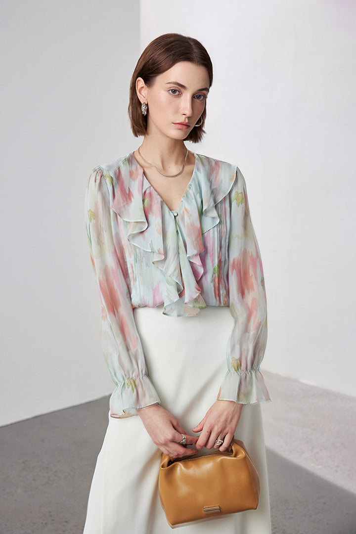 100 Mulberry Silk Floral Long-Sleeve V-Neck Ruffle Blouse with Camisole M / Frosting Blue / 100% Mulberry Silk Fibflx