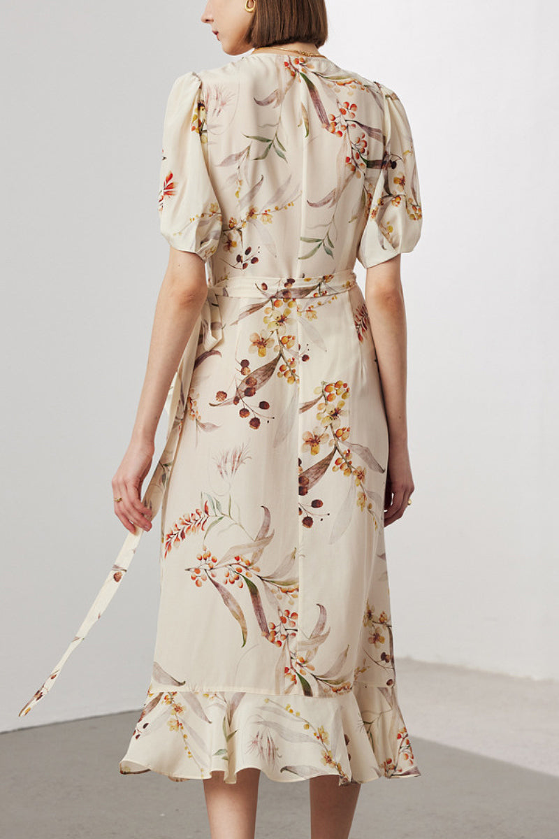 100 Mulberry Silk Floral Puff-Sleeve V-Neck Ruffle Wrap Midi Dress Flowers N Leaves Print / XS