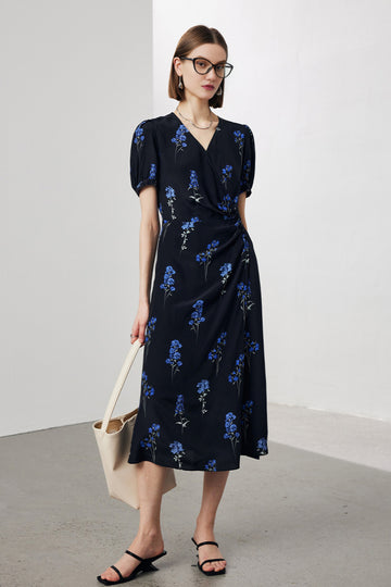 Fibflx Women's 100 Mulberry Silk Floral Puff-Sleeve V-Neck Wrap Midi Dress