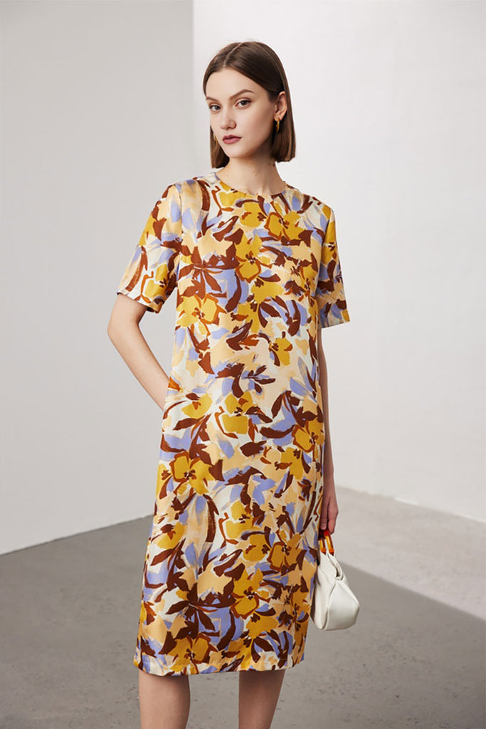 100 Mulberry Silk Floral Short-Sleeve Crewneck Midi T-Shirt Dress with Pockets Camel N Cocoa Brown / L Fibflx