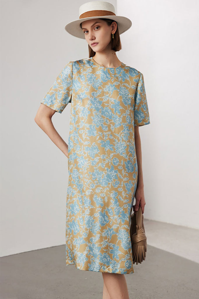 100 Mulberry Silk Floral Short-Sleeve Crewneck Midi T-Shirt Dress with Pockets Celestial Blue / L Fibflx