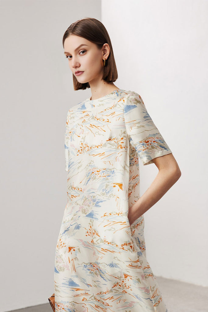 100 Mulberry Silk Floral Short-Sleeve Crewneck Midi T-Shirt Dress with Pockets  Fibflx