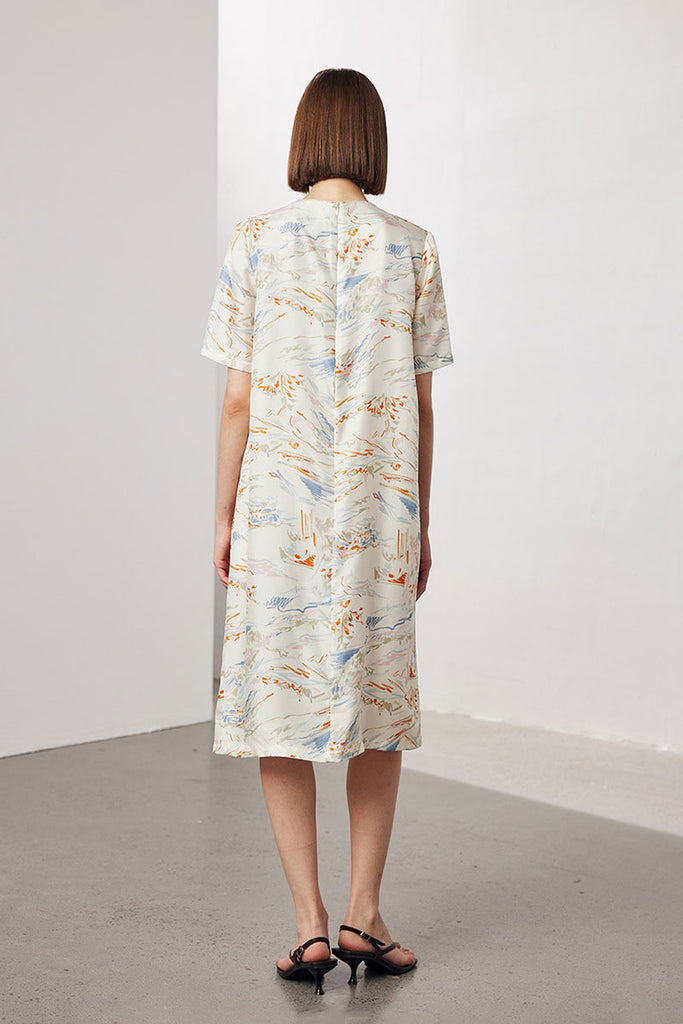 100 Mulberry Silk Floral Short-Sleeve Crewneck Midi T-Shirt Dress with Pockets  Fibflx