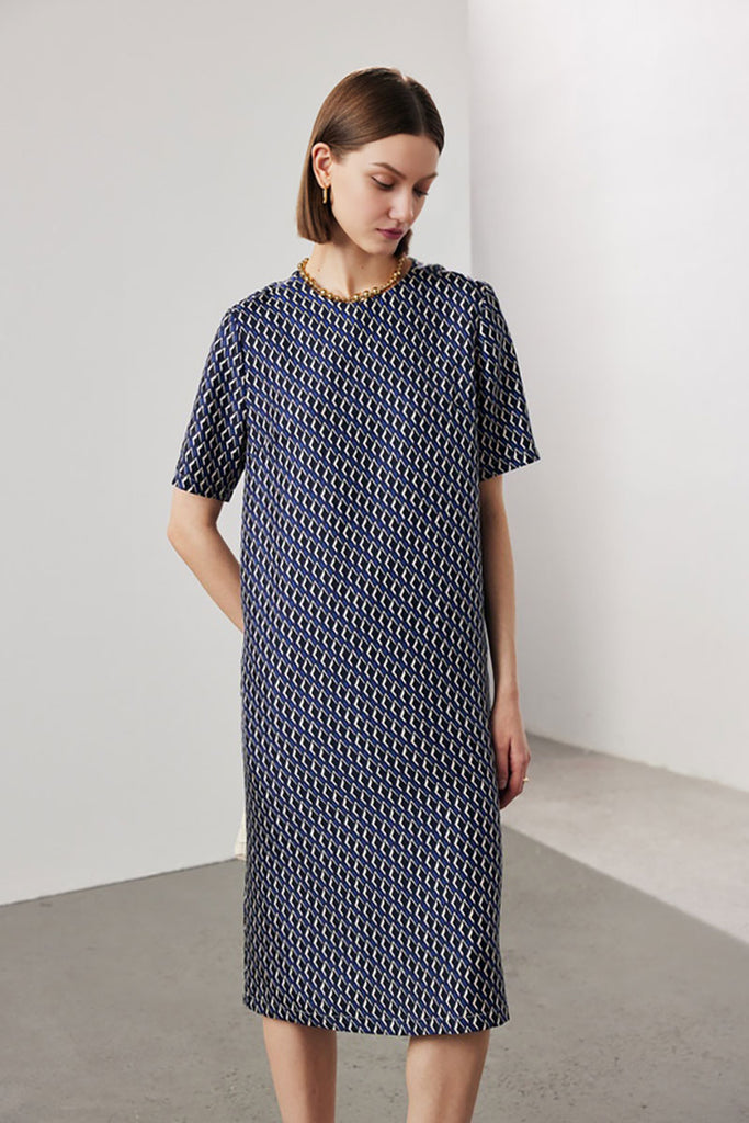 100 Mulberry Silk Floral Short-Sleeve Crewneck Midi T-Shirt Dress with Pockets Navy Blue / L Fibflx