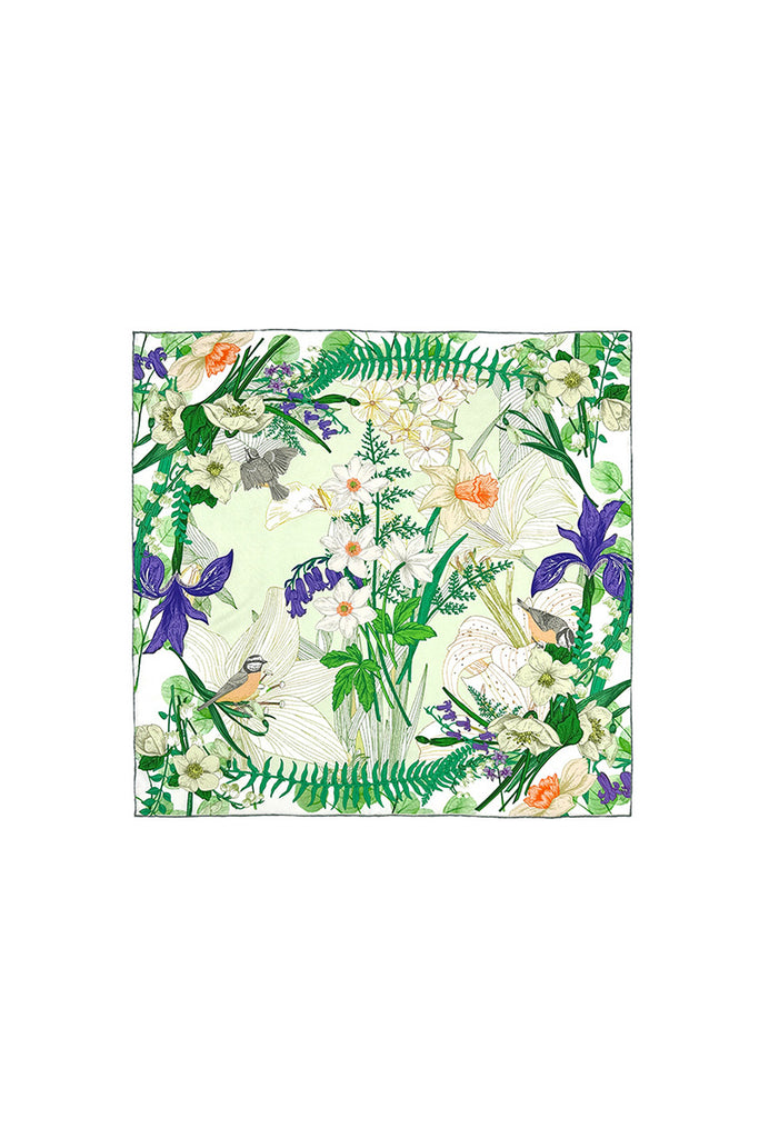 100 Mulberry Silk Floral Square Scarf in Green - Fibflx