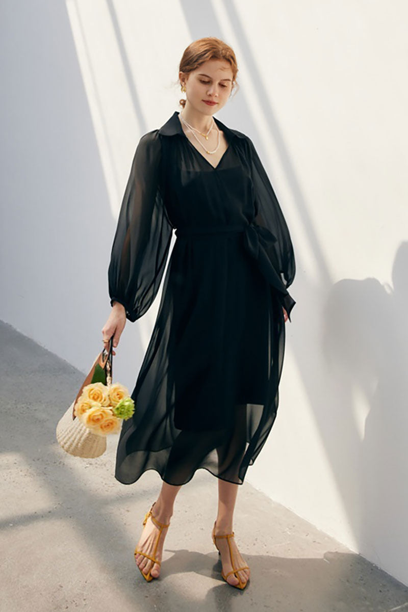 flowy sheer dress Fibflx Women's 100 Mulberry Silk Balloon-Sleeve V-Neck Collared Midi with Belt Customizable Dress Awaits A dose of spring Size:2XL/Fit Bust: 41.7''-43.7'', Fit Waist: 36.2''-38.2'' _okendo:syndication_key:CL135874002