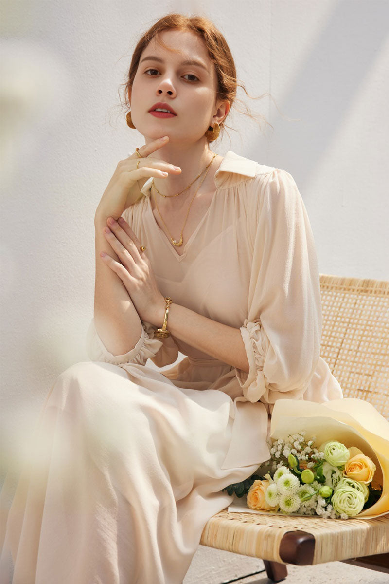 100 Mulberry Silk Flowy Sheer Balloon-Sleeve V-Neck Collared Midi Dress with Belt Black / XS