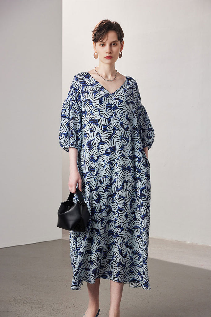 100 Mulberry Silk Leaf Print Balloon-Sleeve V-Neck Midi Dress with Tie Waist  Fibflx