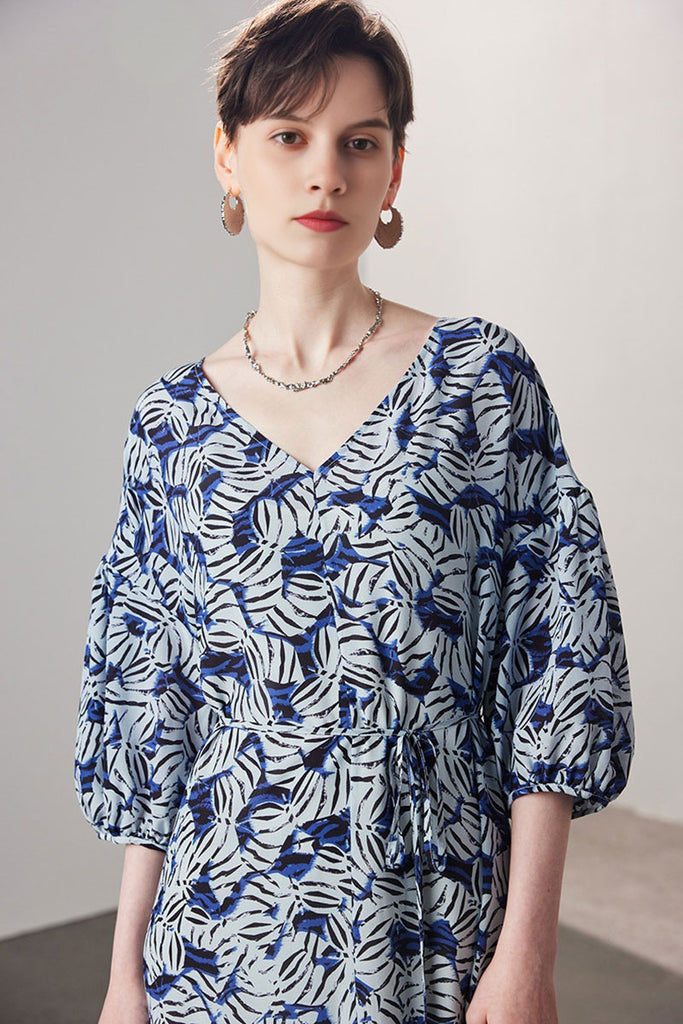 100 Mulberry Silk Leaf Print Balloon-Sleeve V-Neck Midi Dress with Tie Waist  Fibflx