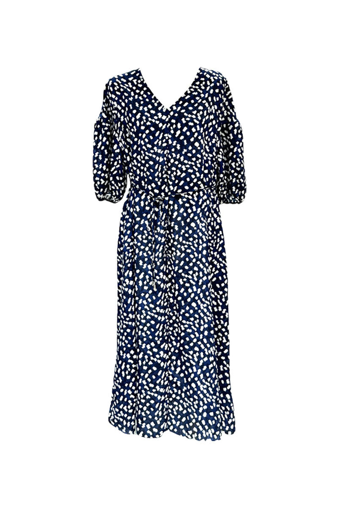 100 Mulberry Silk Leaf Print Balloon-Sleeve V-Neck Midi Dress with Tie Waist Mid Night Blue / L Fibflx