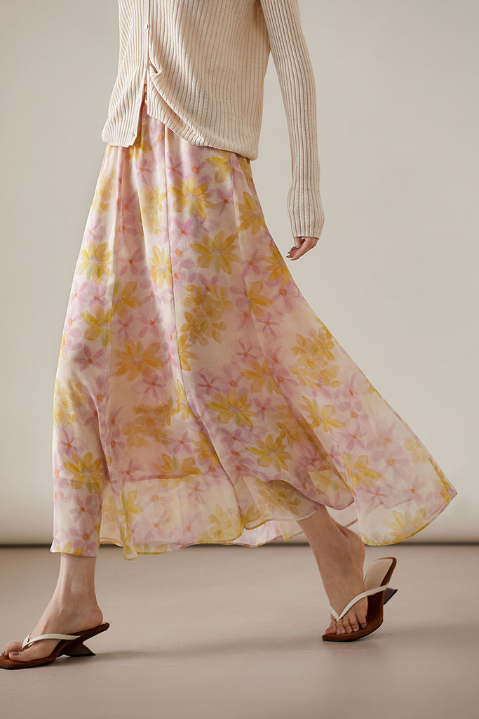 100 Mulberry Silk Pink Flowy Floral Midi Skirt - Fibflx