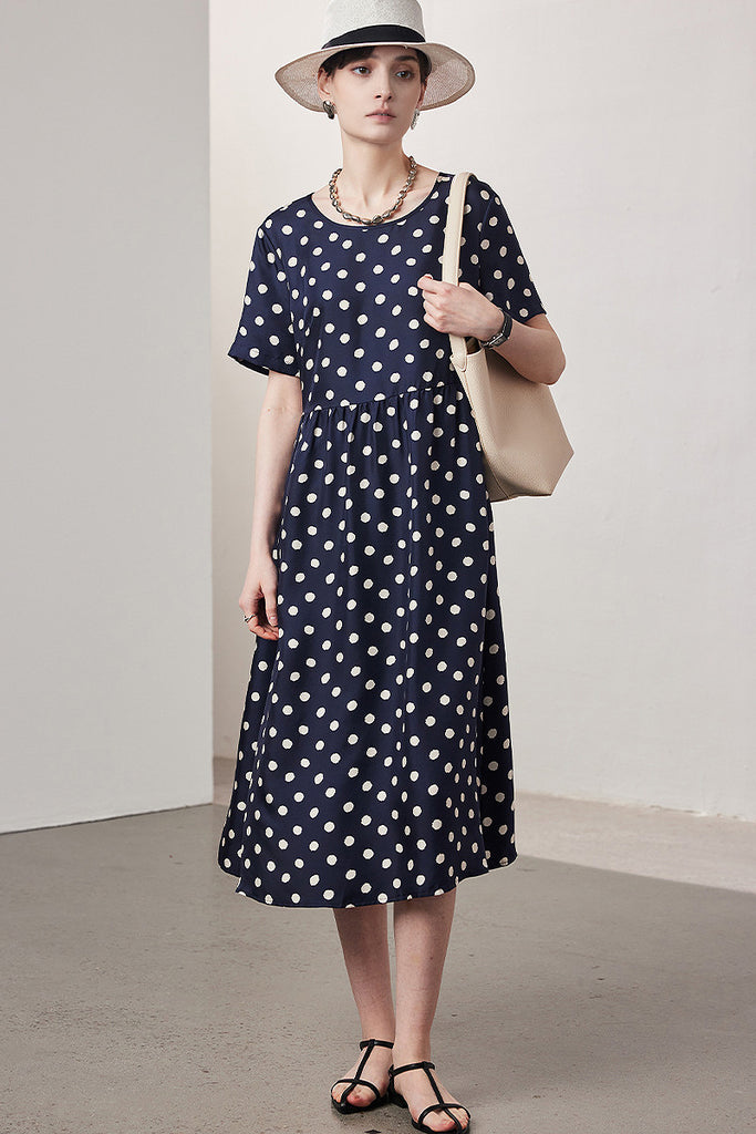 Fibflx Women's 100 Mulberry Silk Polka-Dot Short-Sleeve Midi Dress in Navy