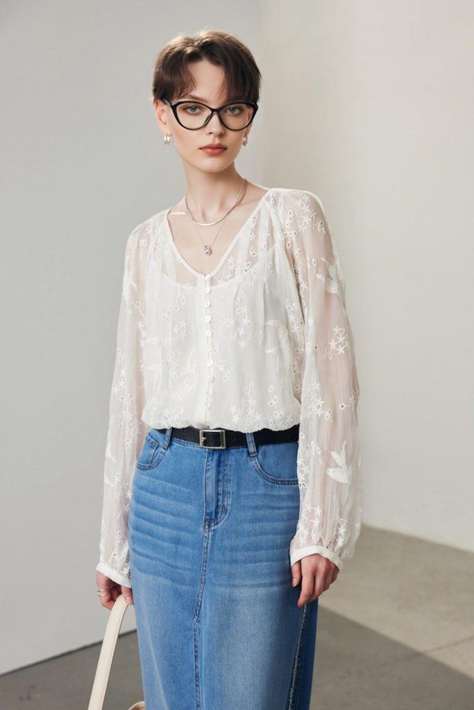 100 Mulberry Silk Sheer Embroidered V-Neck Blouse with Camisole  Fibflx