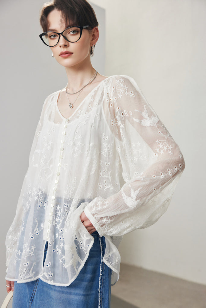 100 Mulberry Silk Sheer Embroidered V-Neck Blouse with Camisole  Fibflx