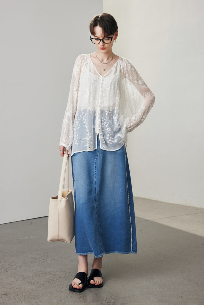 100 Mulberry Silk Sheer Embroidered V-Neck Blouse with Camisole  Fibflx