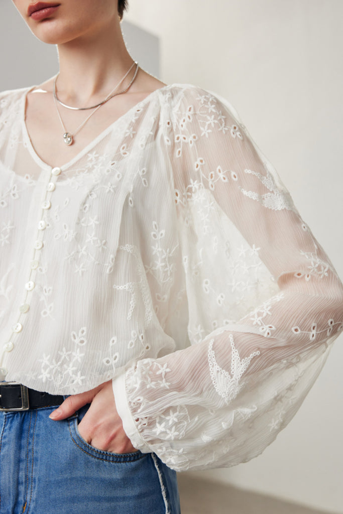 100 Mulberry Silk Sheer Embroidered V-Neck Blouse with Camisole  Fibflx