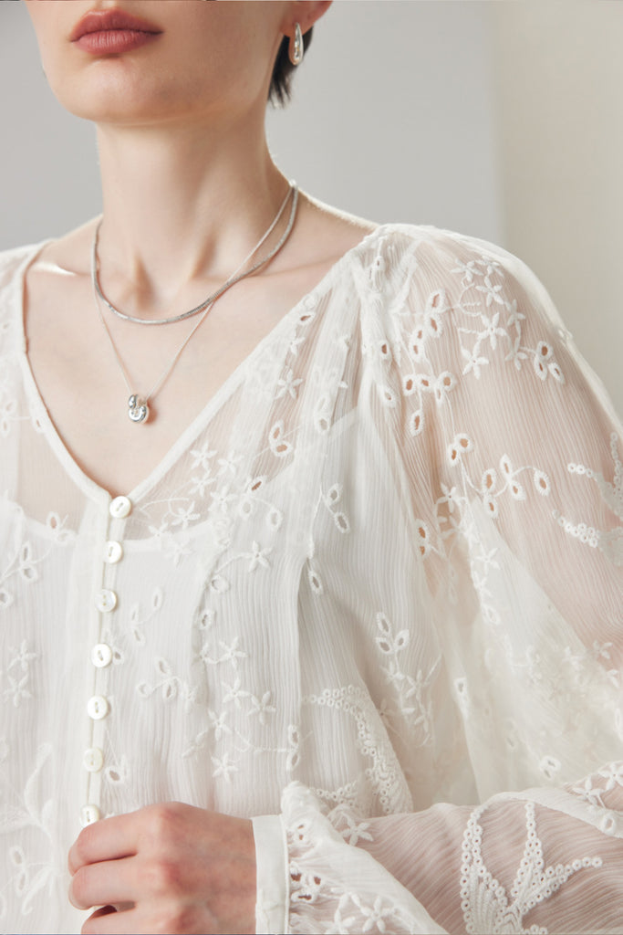 100 Mulberry Silk Sheer Embroidered V-Neck Blouse with Camisole  Fibflx