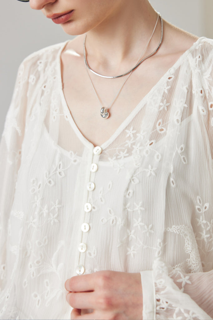 100 Mulberry Silk Sheer Embroidered V-Neck Blouse with Camisole  Fibflx