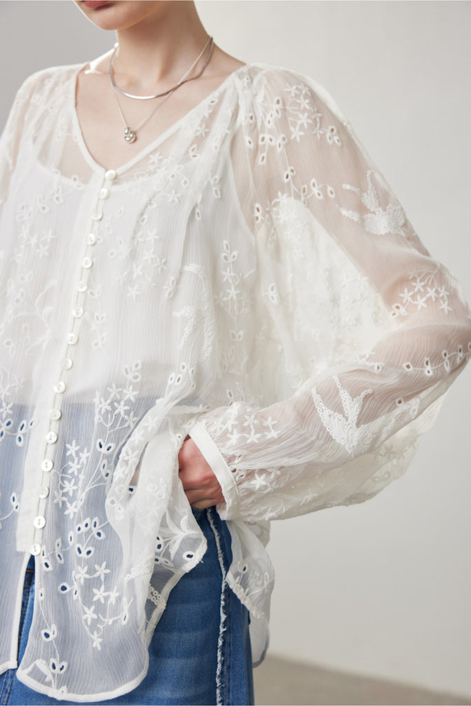 100 Mulberry Silk Sheer Embroidered V-Neck Blouse with Camisole  Fibflx