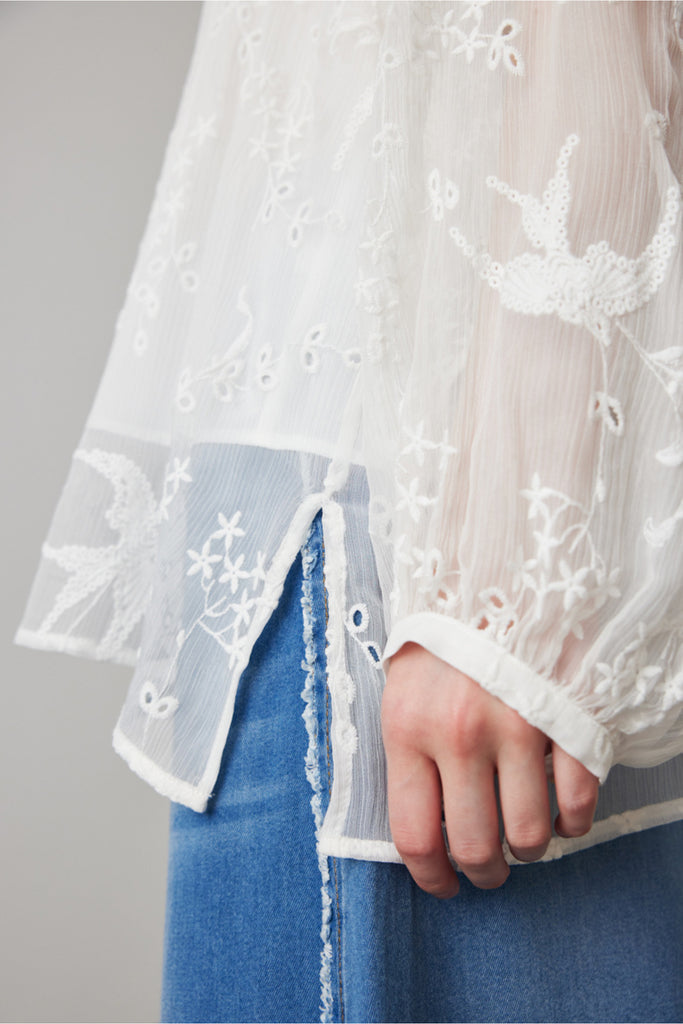 100 Mulberry Silk Sheer Embroidered V-Neck Blouse with Camisole  Fibflx