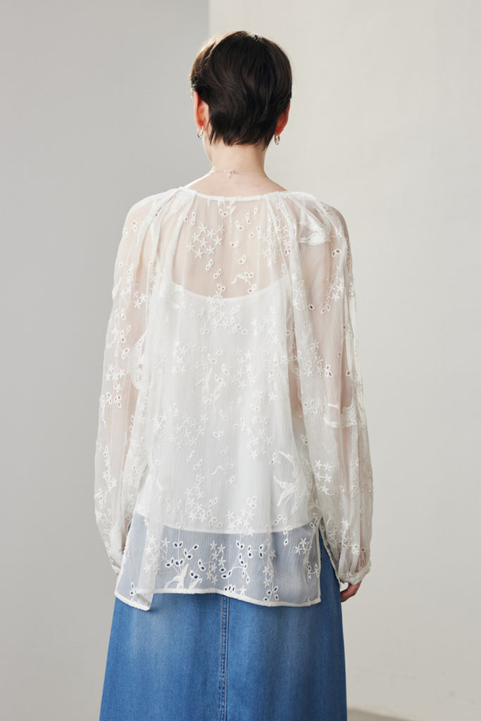 100 Mulberry Silk Sheer Embroidered V-Neck Blouse with Camisole  Fibflx