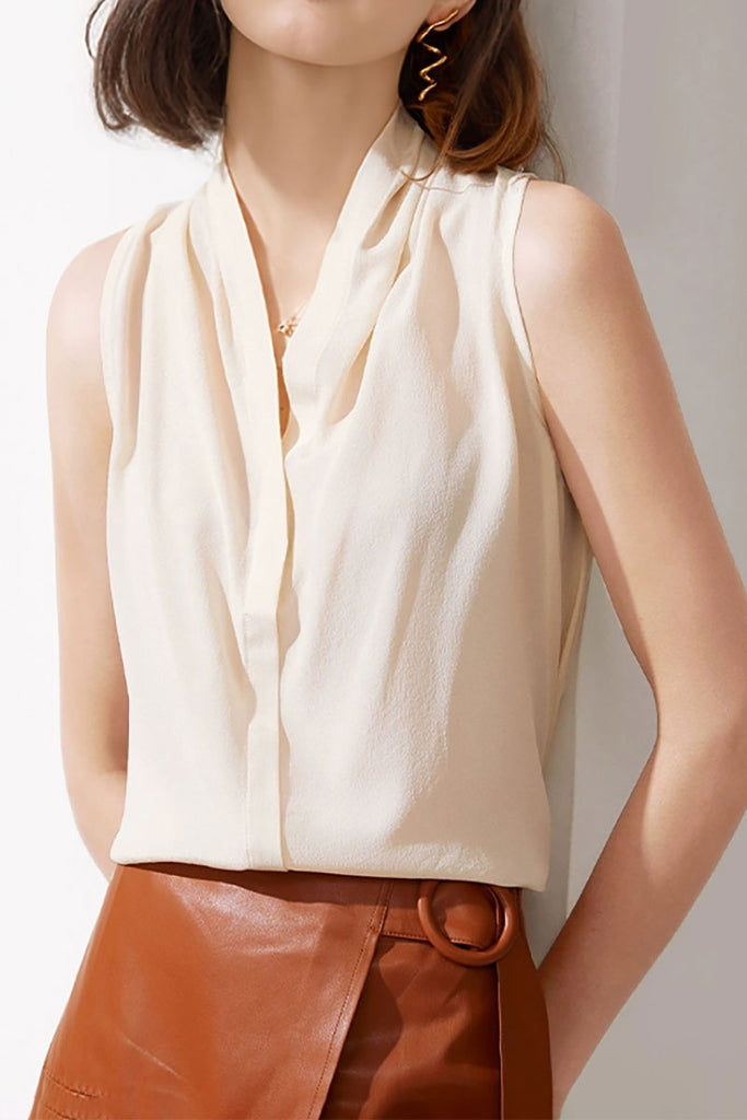 100 Mulberry Silk Sleeveless Button-Down V-Neck Blouse  Fibflx