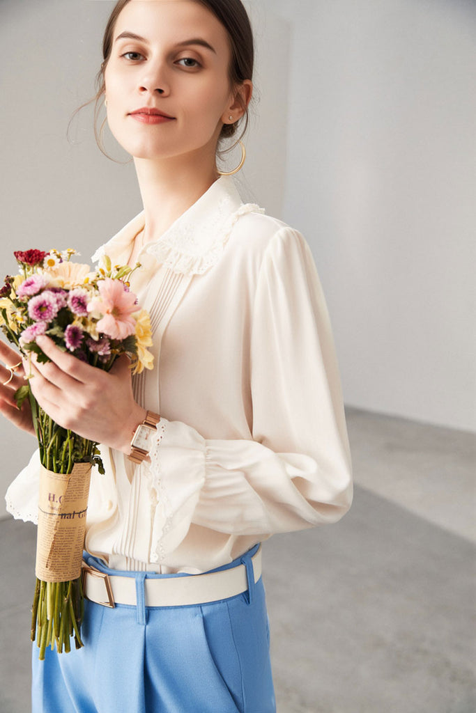 100 Mulberry Silk White Peter Pan Collar Long-Sleeve Button-Down Shirt XL / Off White / 100% Mulberry Silk Fibflx