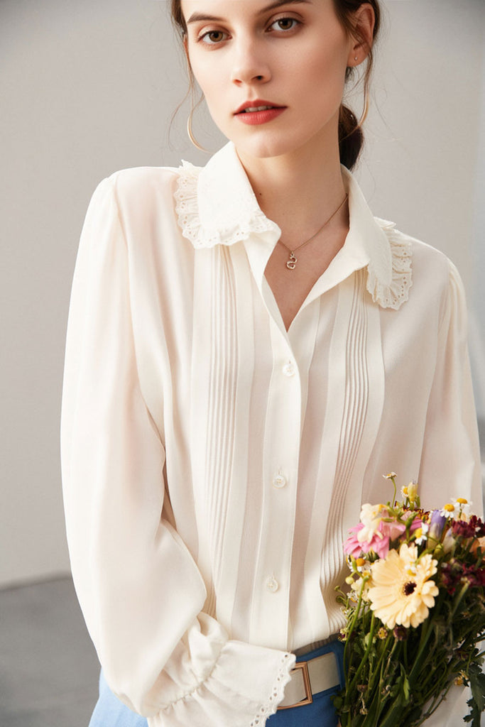 100 Mulberry Silk White Peter Pan Collar Long-Sleeve Button-Down Shirt  Fibflx