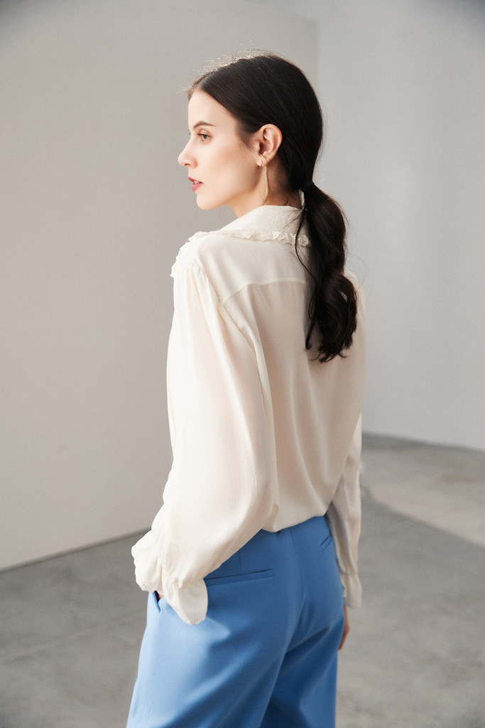 100 Mulberry Silk White Peter Pan Collar Long-Sleeve Button-Down Shirt  Fibflx