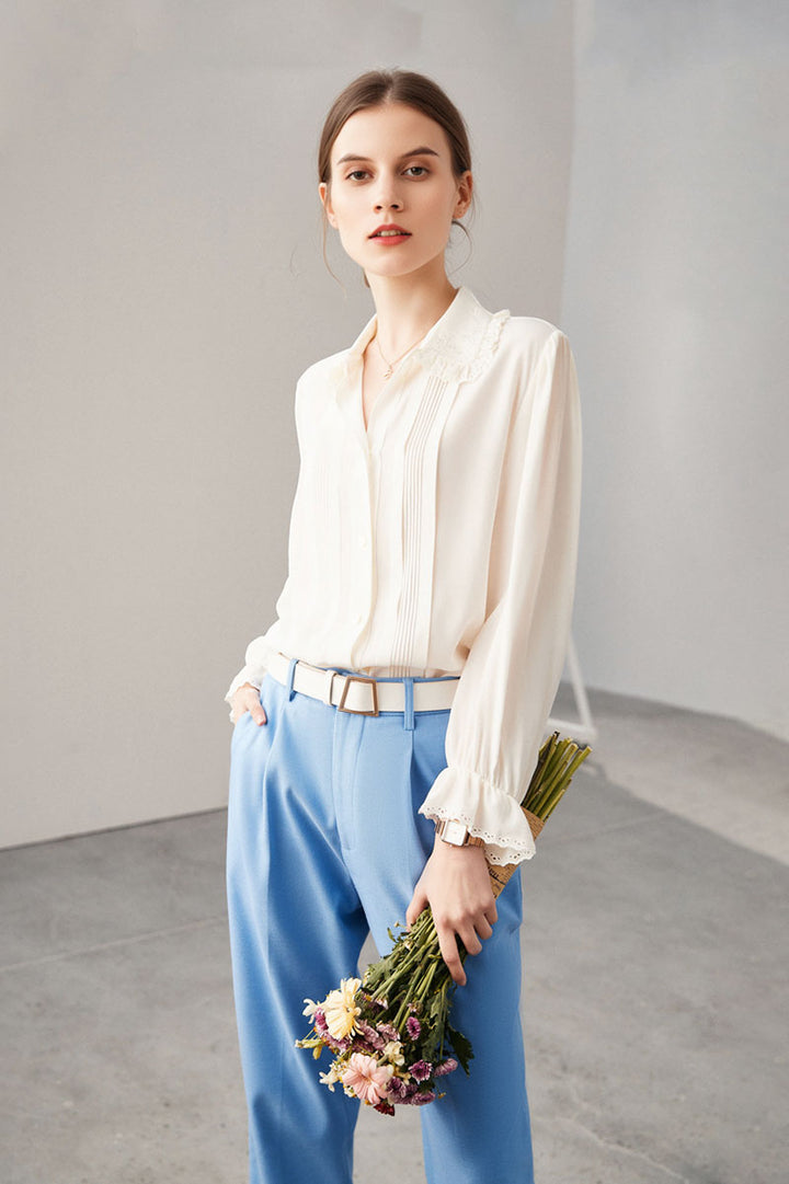 100 Mulberry Silk White Peter Pan Collar Long-Sleeve Button-Down Shirt  Fibflx