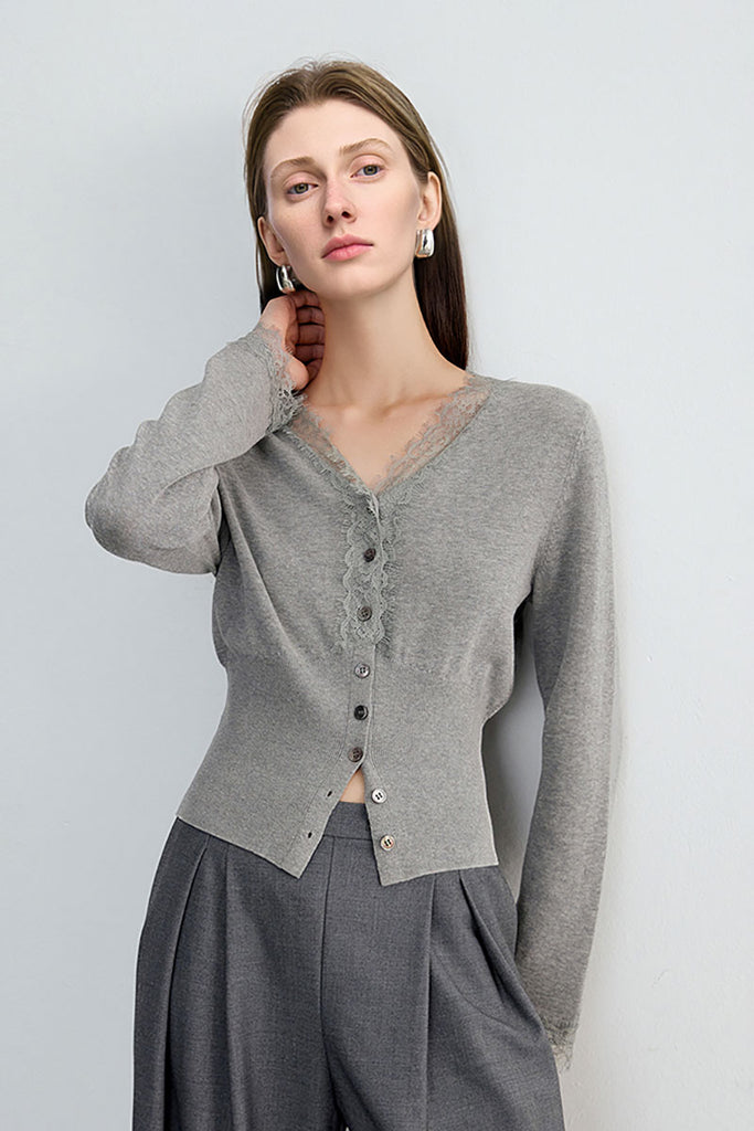 100 Organic Cotton V-Neck Lace-Trim Cardigan  Fibflx
