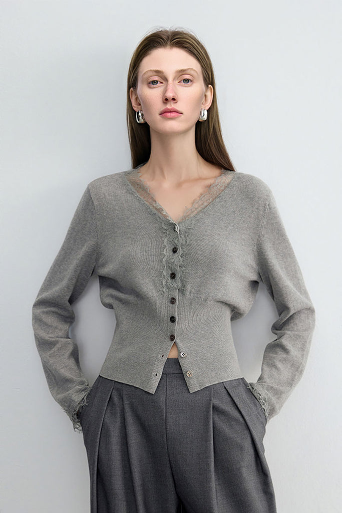 100 Organic Cotton V-Neck Lace-Trim Cardigan  Fibflx