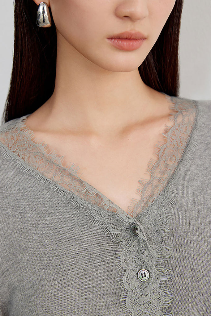 100 Organic Cotton V-Neck Lace-Trim Cardigan  Fibflx