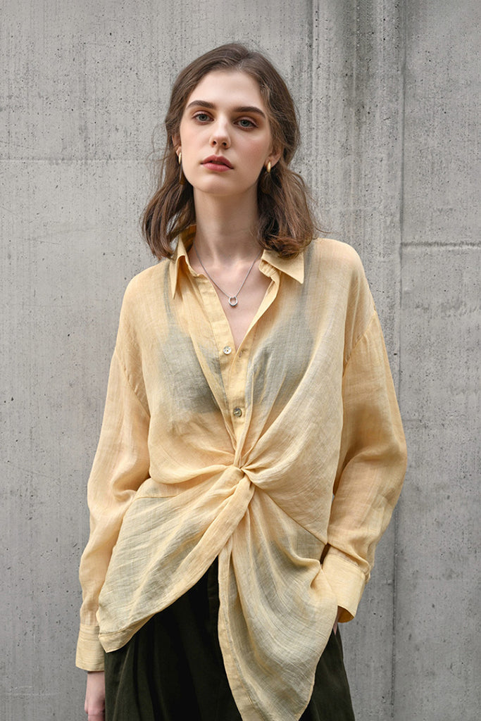 100 Ramie Asymmetrical Twist-Front Beach Shirt - Fibflx