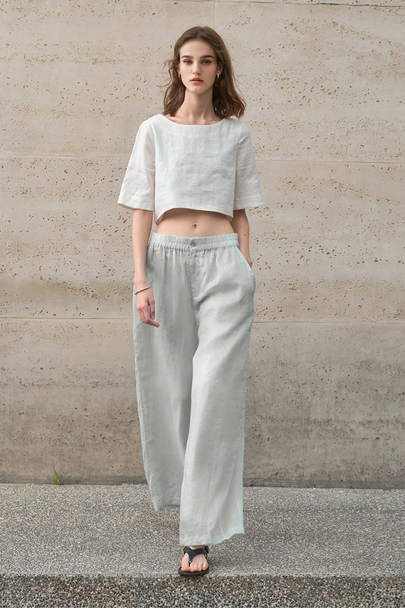 Women's Ramie Pants Elastic Waist Wide Leg Fit | Everyday Comfort