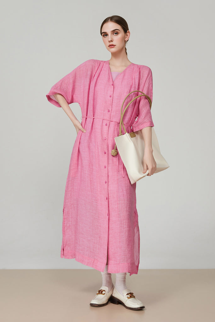 100 Ramie Pink Belted Shirt Midi Dress - Fibflx