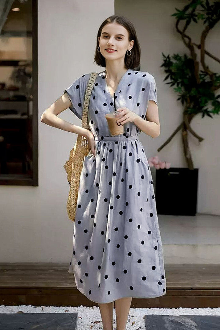 100% Ramie Polka Dot V-Neck Midi Dress  Fibflx
