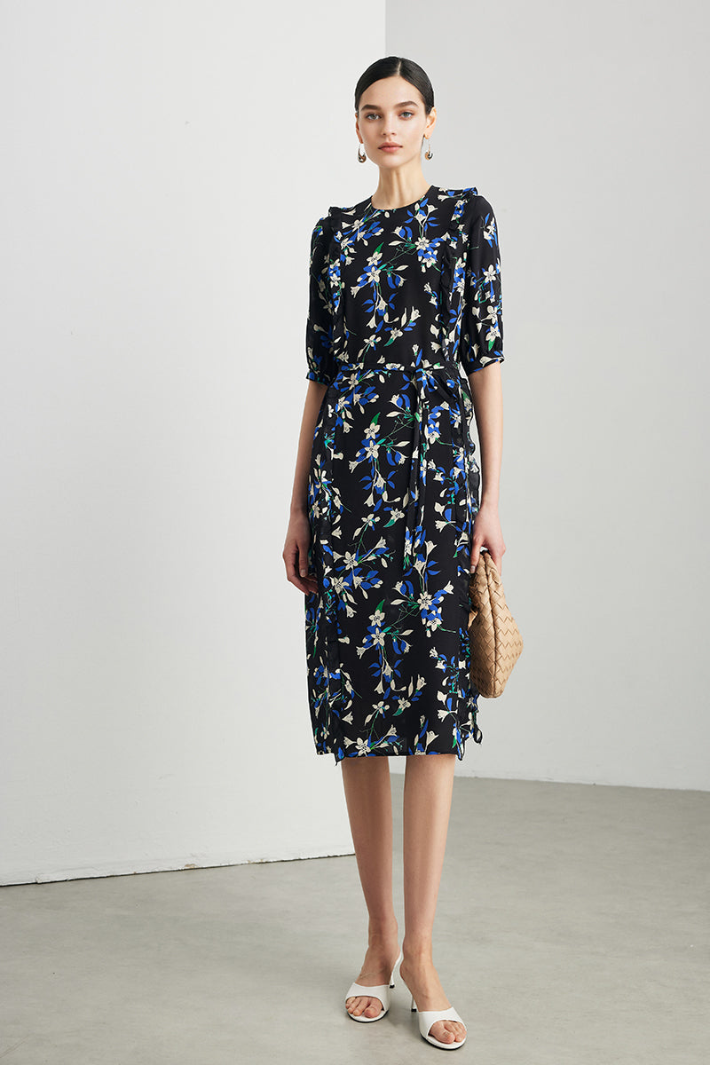 side ruffle midi dress Sophisticated in a Faleo A printed midi dress with an off-the-shoulder  neckline, ruffle sleeves, and a cascading side ruffle hem., Shop online  at harmonygirl.com or visit us at one of our two