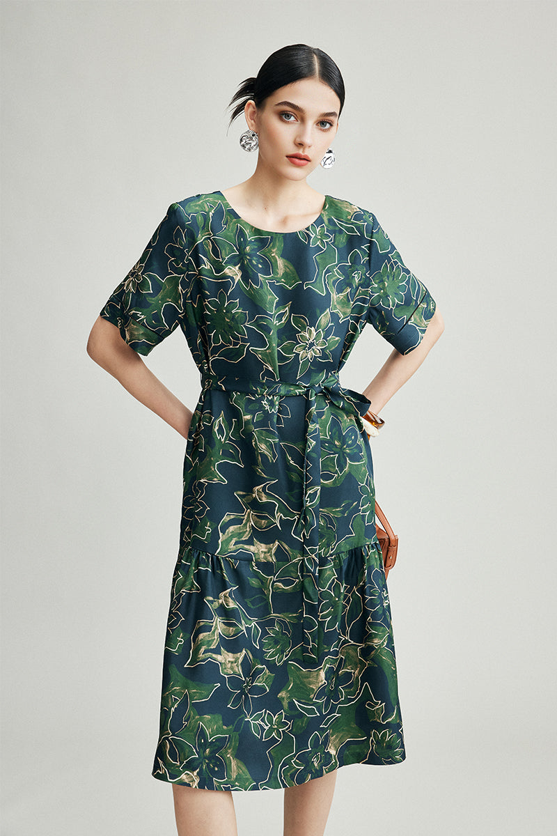 100% Silk 16 Momme Printed Ruffle Hem Midi Dress Glass Green / S