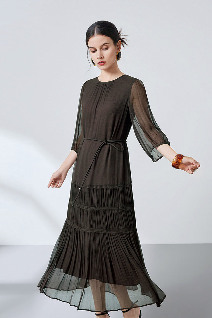 100% Silk 8 Momme Pleated Flowy Midi Dress Dark Brown / S