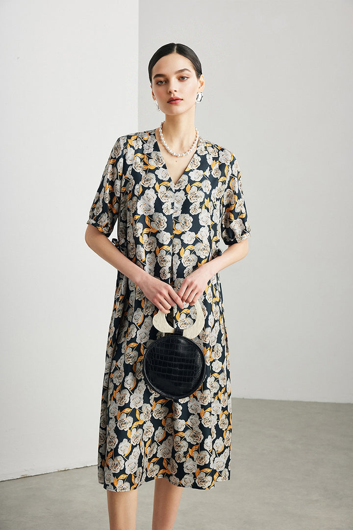100% Silk Floral Short-Sleeve A-Line Midi Dress  Fibflx