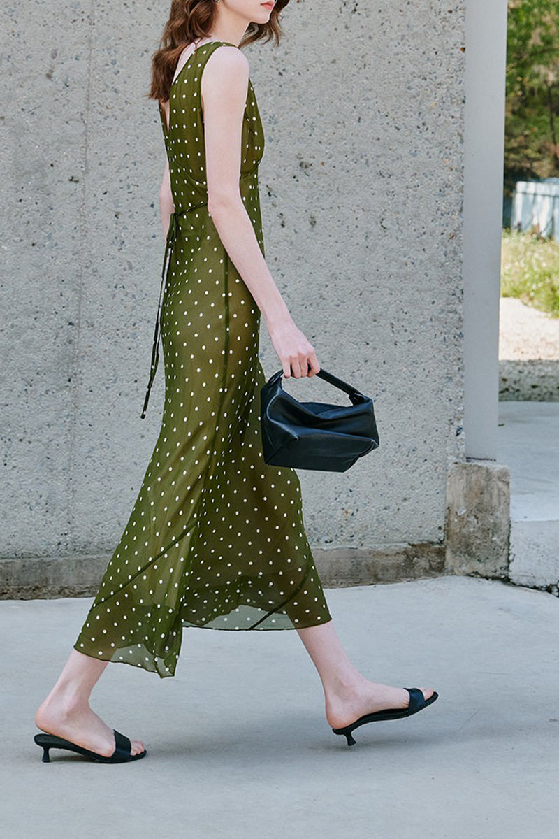 100 Silk Polka Dot Bias-Cut Midi Dress in Olive Green