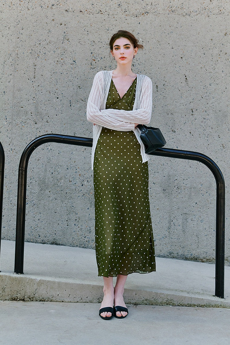 green polka dot midi dress 100 Silk Bias-Cut in Olive Ladies dresses
